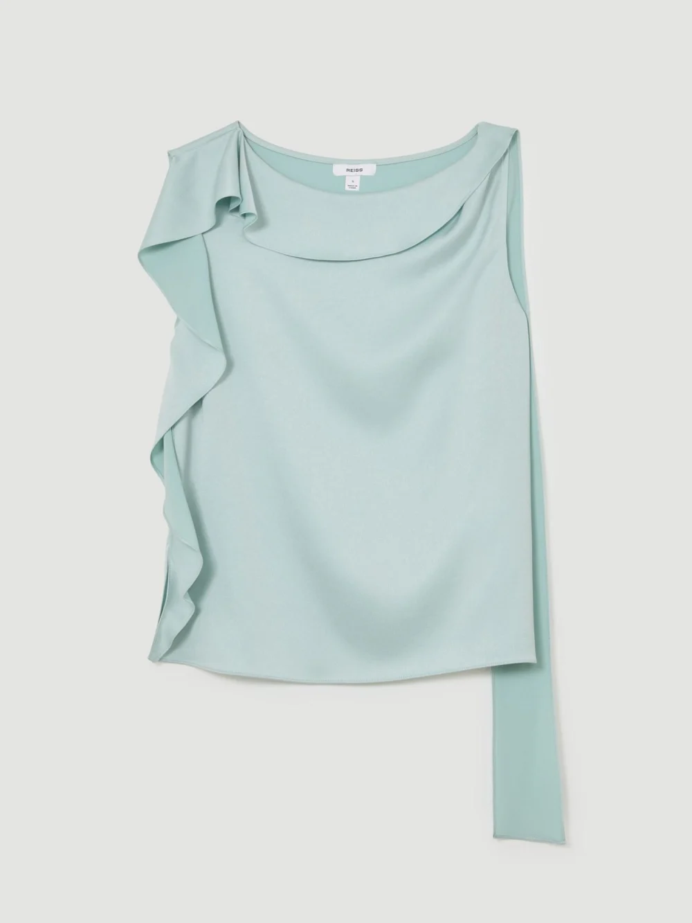 Reiss Hanna Aqua Blue Satin Sleeveless Frill-detail Top, view 2