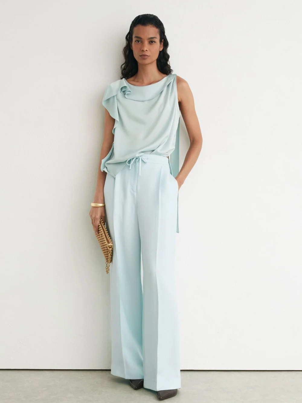 Reiss Hanna Aqua Blue Satin Sleeveless Frill-detail Top, view 3