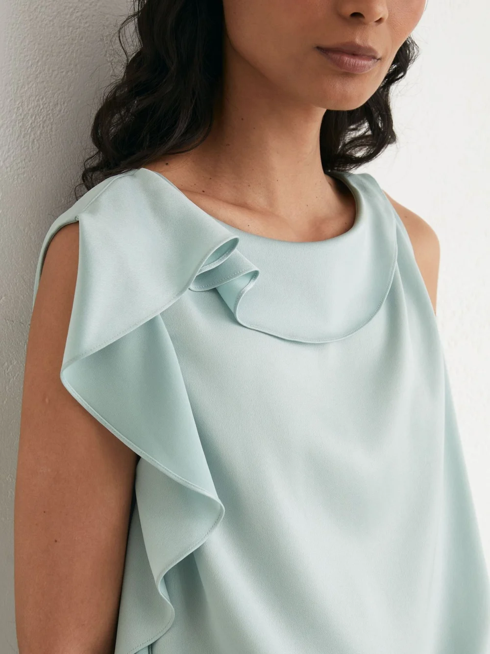 Reiss Hanna Aqua Blue Satin Sleeveless Frill-detail Top, view 4