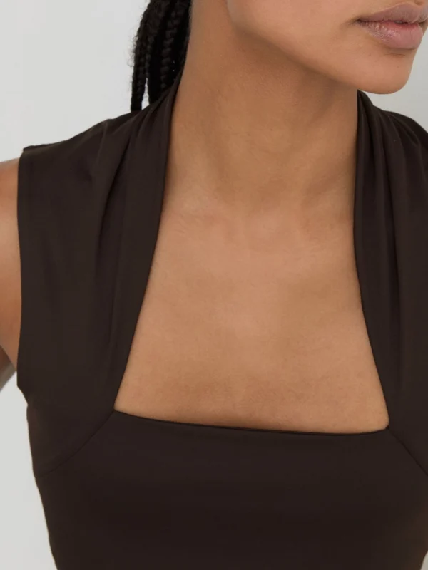 Reiss Harri Chocolate Brown Square-neck Ruched Sleeveless Top, 8