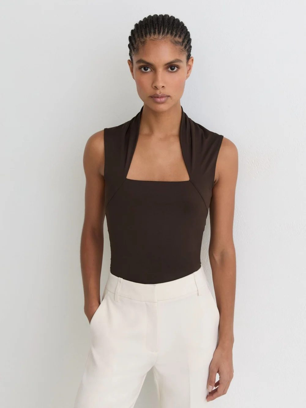Reiss Harri Chocolate Brown Square-neck Ruched Sleeveless Top, 8, view 4