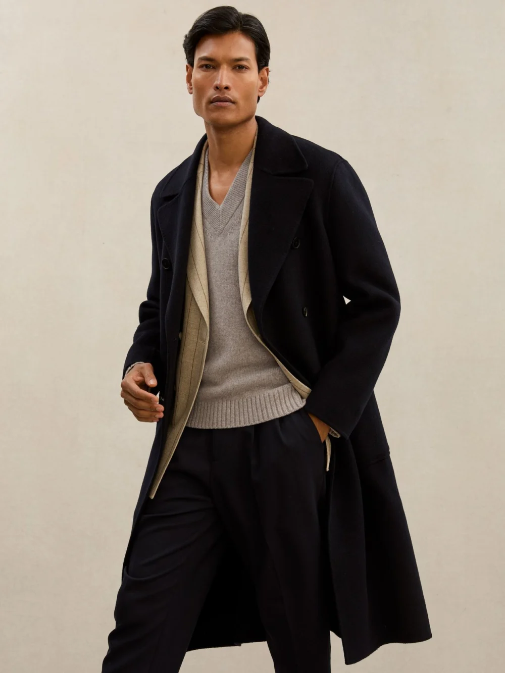Reiss Heather Oatmeal Atelier Cashmere V-neck Jumper, view 3