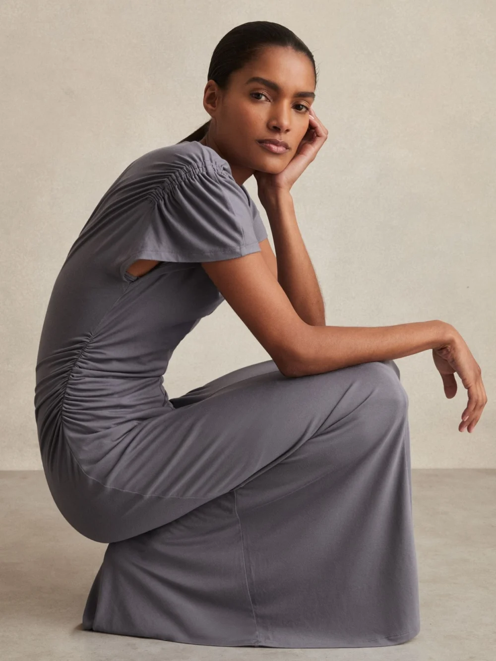 Reiss Helia Grey Blend Ruched Jersey Dress, 8, view 3