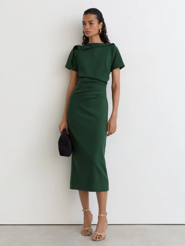 Reiss Hilary Teal Green Ruched-detail Boat-neck Midi Dress, 12