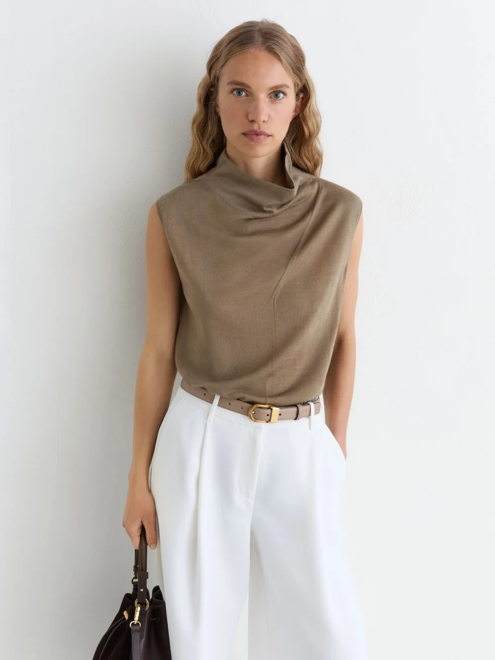Reiss Honey Khaki Green Ultra-soft Merino Wool Funnel-neck Vest