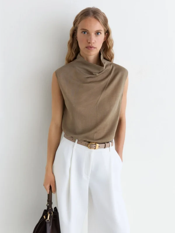 Reiss Honey Khaki Green Ultra-soft Merino Wool Funnel-neck Vest