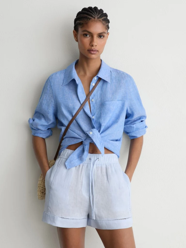 Reiss Ice Blue Linen Ladder-embroidery Shorts