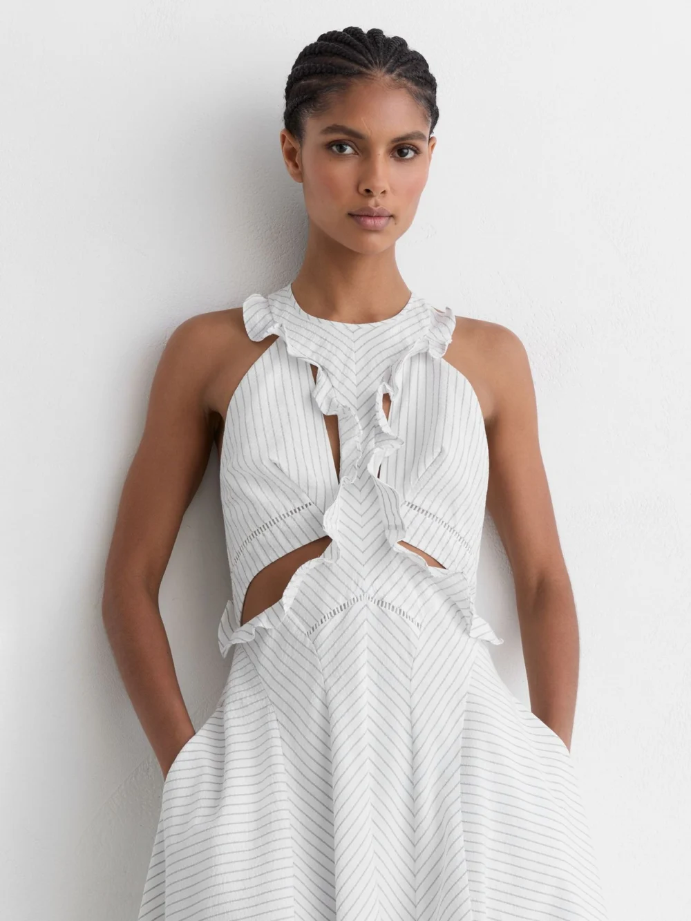 Reiss Ilse White Striped Ruffle-trim Midi Dress, 4, view 3