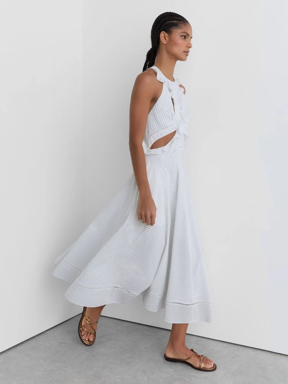 Reiss Ilse White Striped Ruffle-trim Midi Dress, 4, view 4