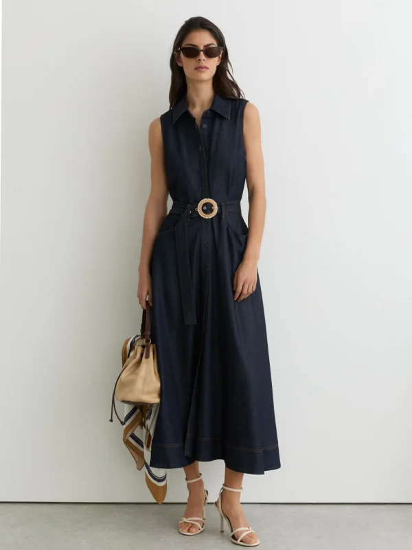 Reiss Indigo Blue Button-front Belted Denim Midi Dress