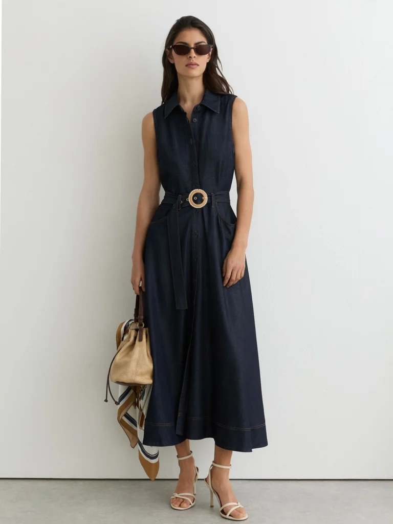 Reiss Indigo Blue Button-front Belted Denim Midi Dress