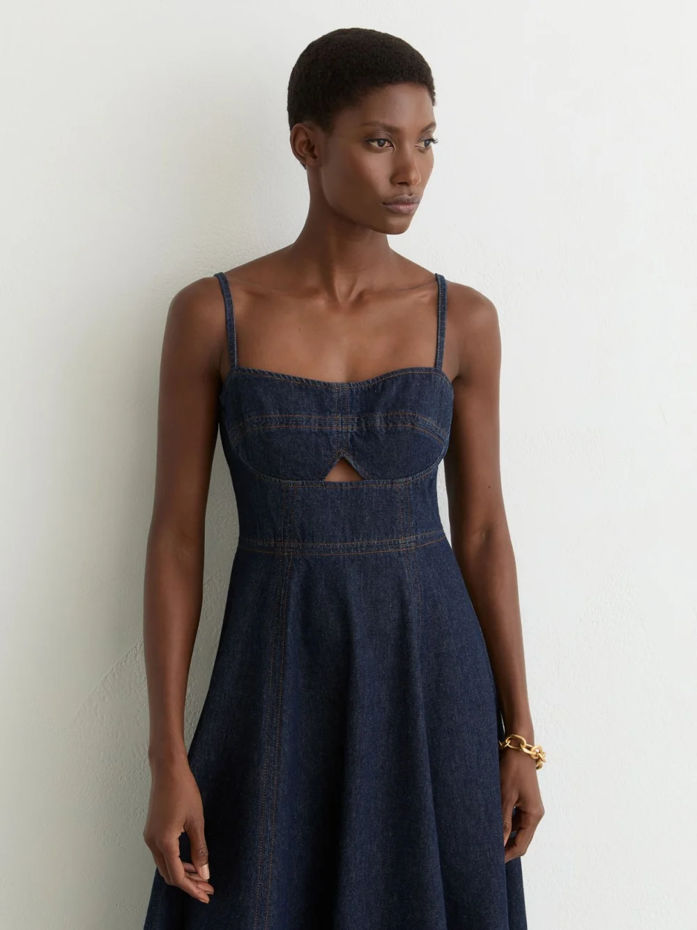 Reiss Indigo Blue Denim Fit-and-flare Midi Dress, view 3
