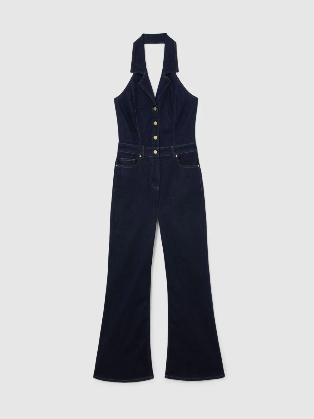 Reiss Indigo Blue Denim Halterneck Flared Jumpsuit, view 2