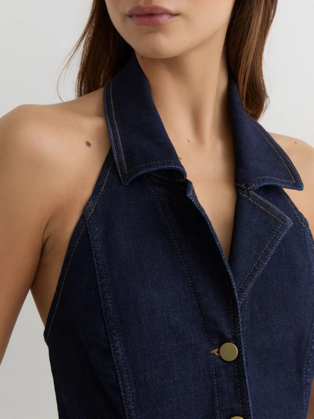 Reiss Indigo Blue Denim Halterneck Flared Jumpsuit, view 3