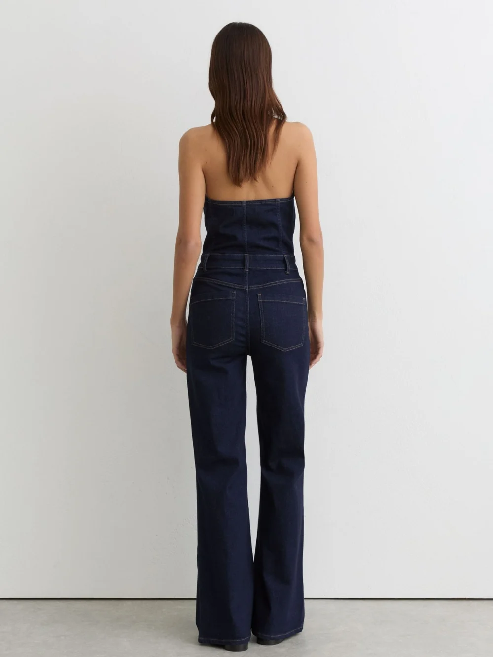 Reiss Indigo Blue Denim Halterneck Flared Jumpsuit, view 4