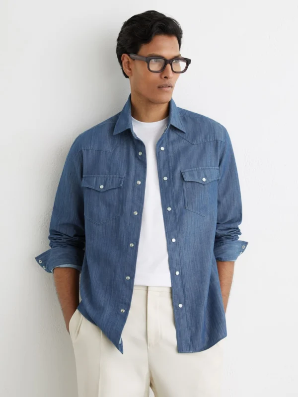 Reiss Indigo Blue Denim Western Press-stud Shirt Regular-fit