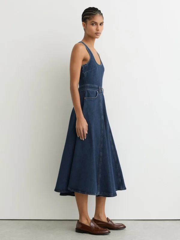 Reiss Indigo Blue Petite Denim Sleeveless Waisted Midi Dress