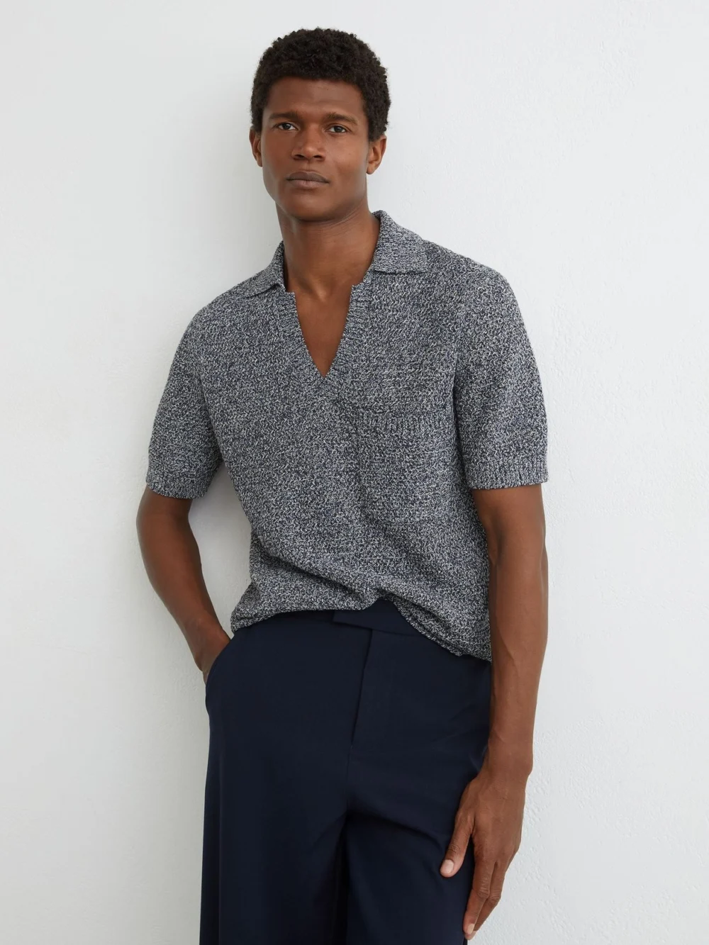Reiss Indigo Blue Speckle-knit Open-collar Polo Jumper