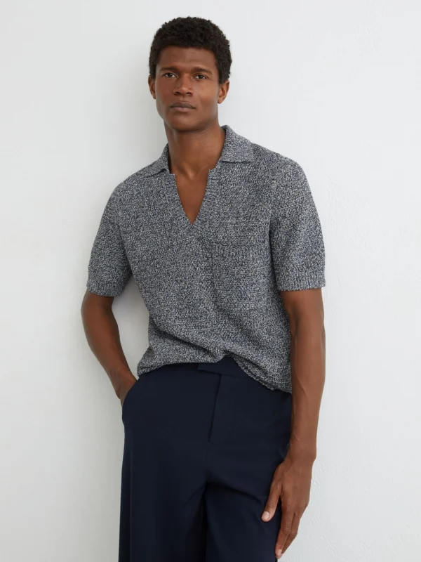 Reiss Indigo Blue Speckle-knit Open-collar Polo Jumper