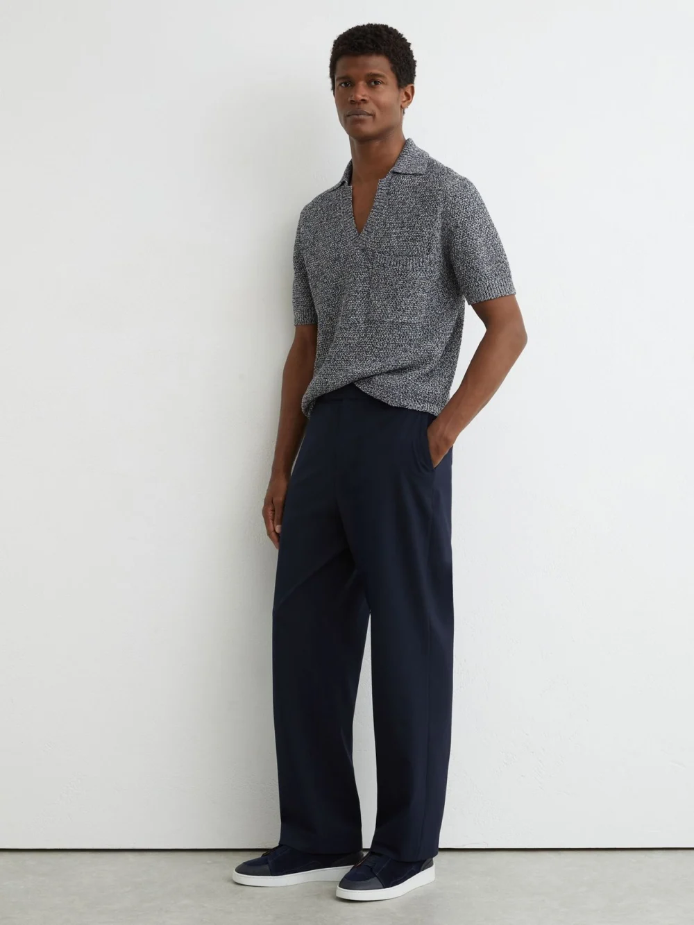 Reiss Indigo Blue Speckle-knit Open-collar Polo Jumper, view 3