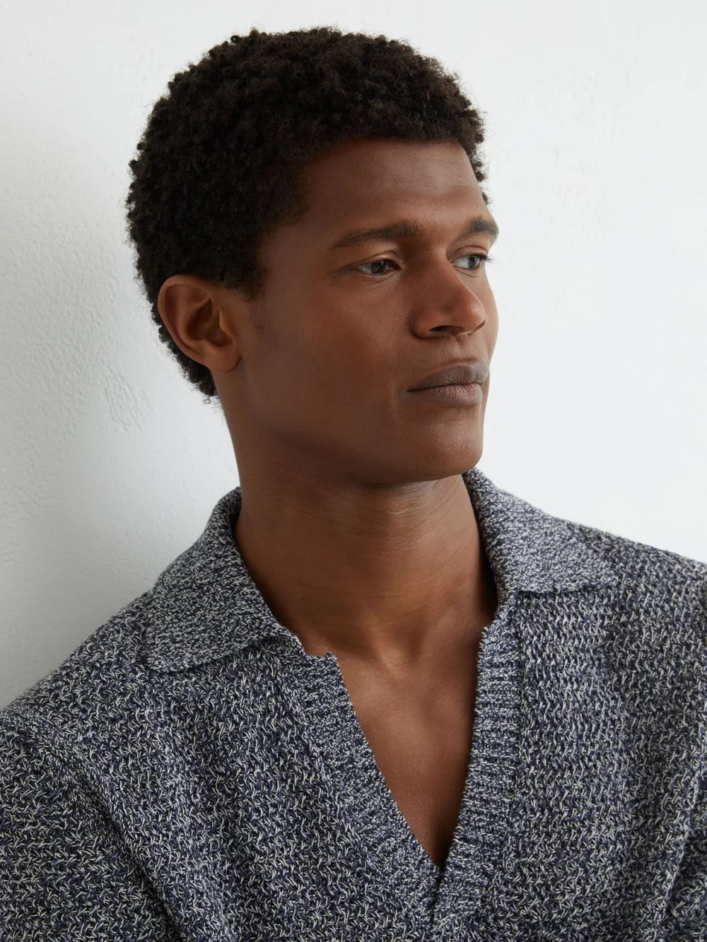 Reiss Indigo Blue Speckle-knit Open-collar Polo Jumper, view 4