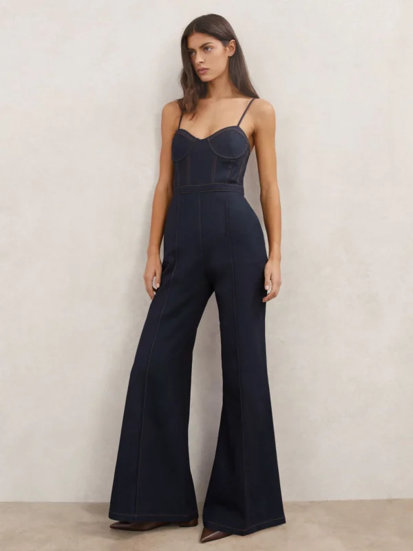 Reiss Indigo Blue Wide-leg Bustier Denim Jumpsuit
