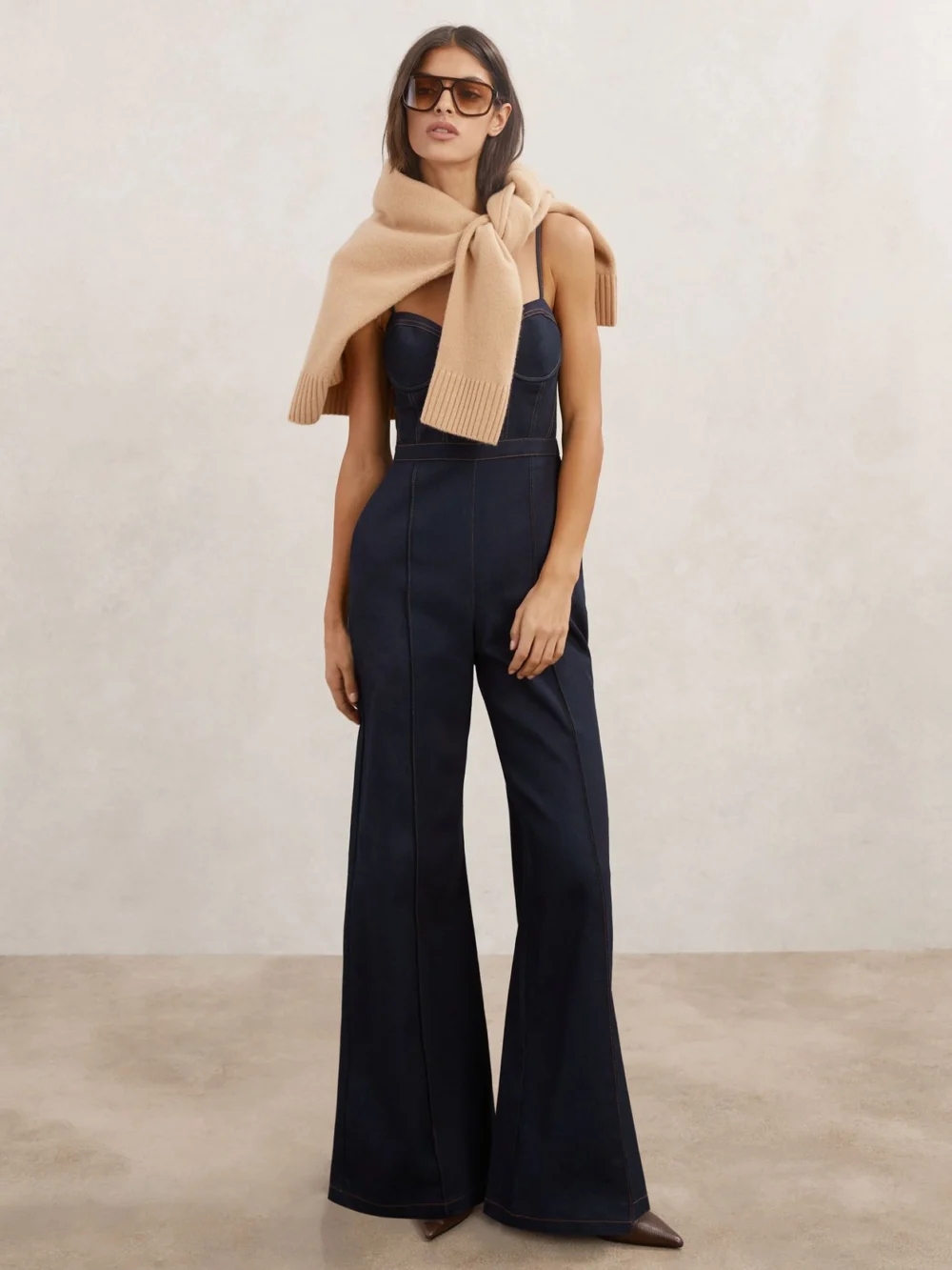 Reiss Indigo Blue Wide-leg Bustier Denim Jumpsuit, view 3
