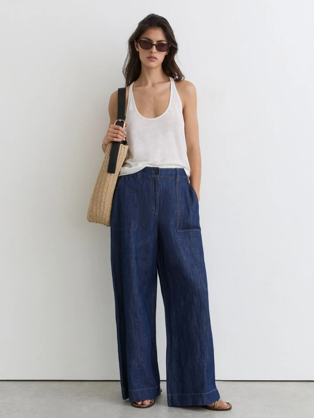Reiss Indigo Linen Wide-leg Trousers
