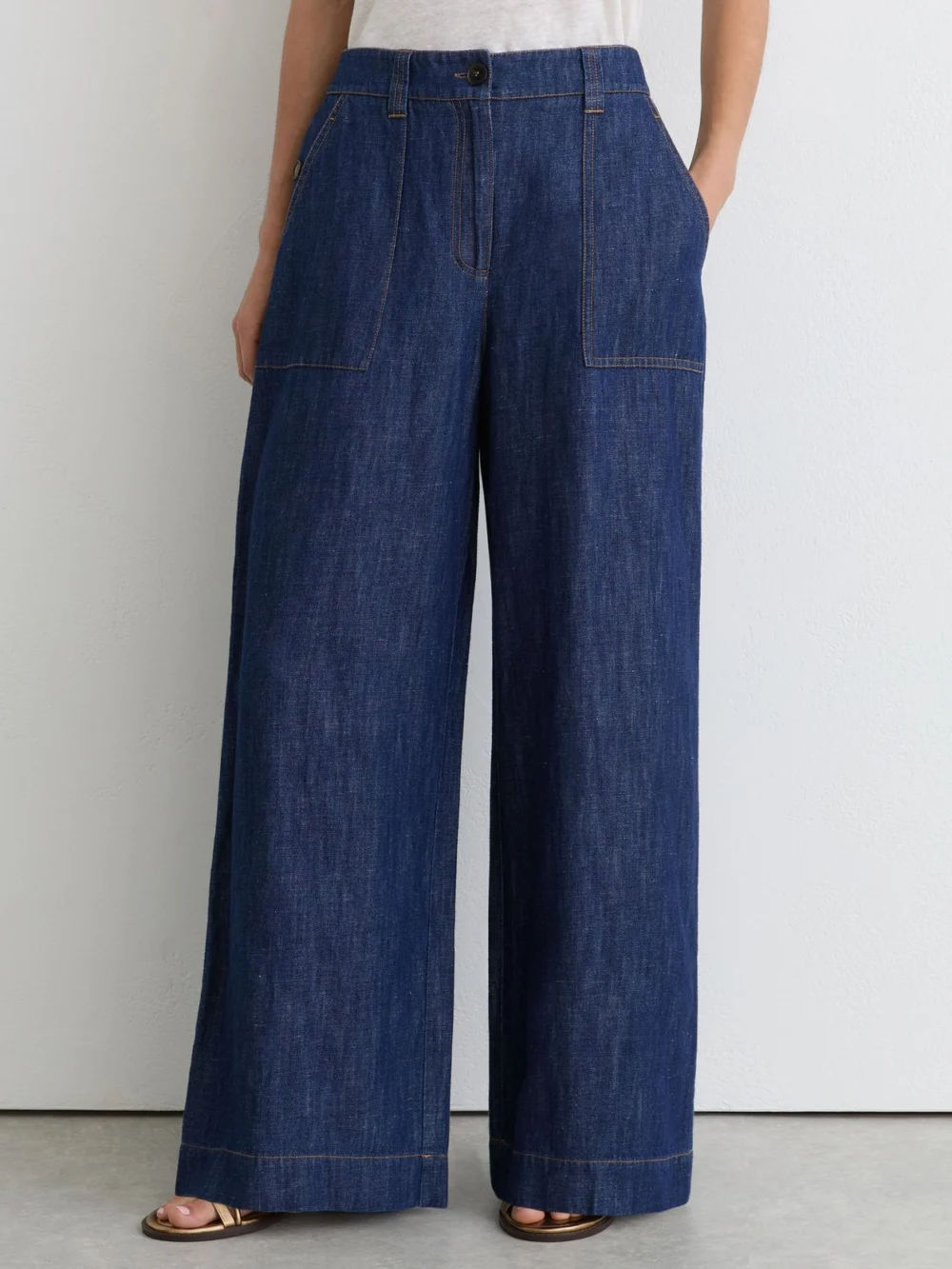 Reiss Indigo Linen Wide-leg Trousers, view 3