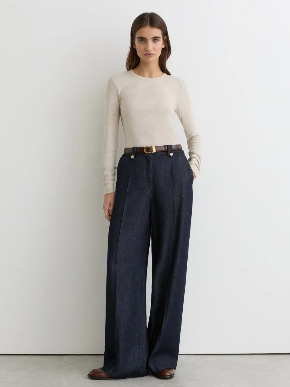 Reiss Indigo Lyocell Topstitched Wide-leg Trousers