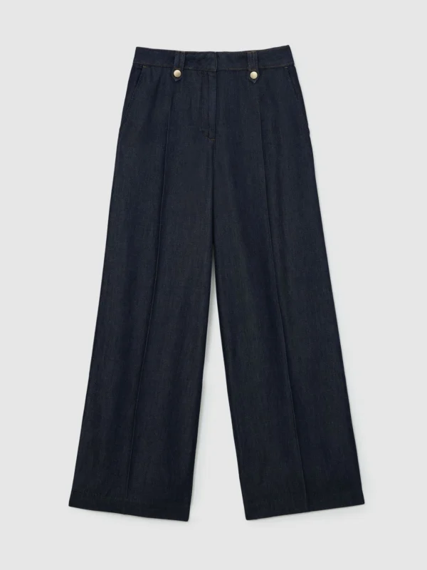 Reiss Indigo Lyocell Topstitched Wide-leg Trousers