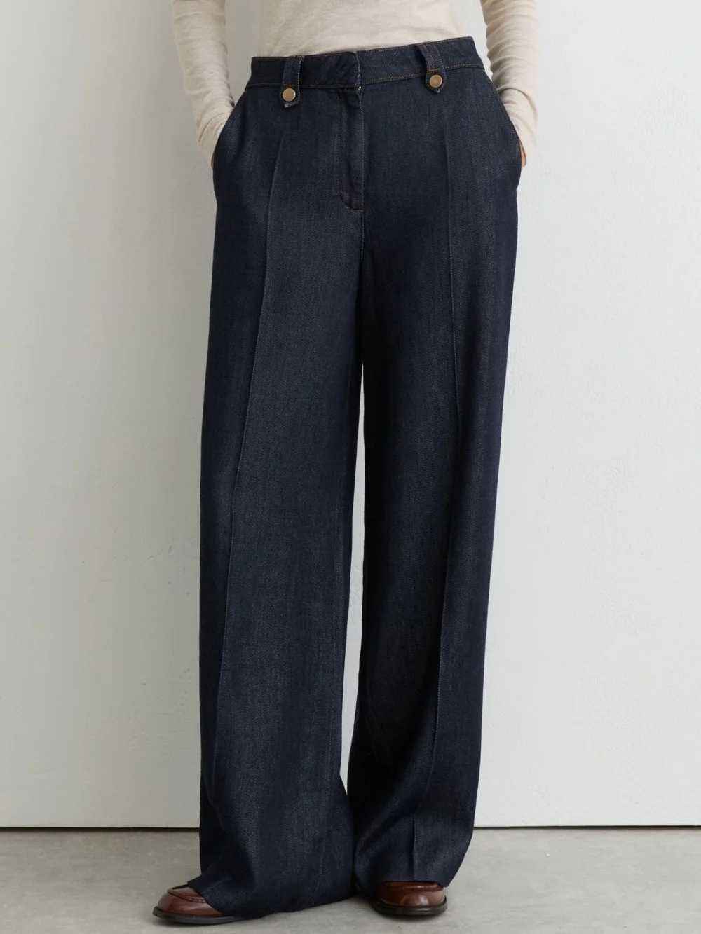 Reiss Indigo Lyocell Topstitched Wide-leg Trousers, view 3