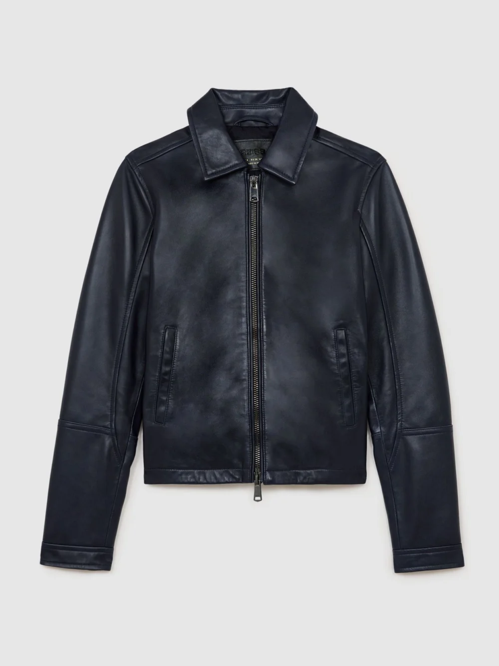 Reiss Ink Blue Leather Zip-through Moto Jacket, view 4