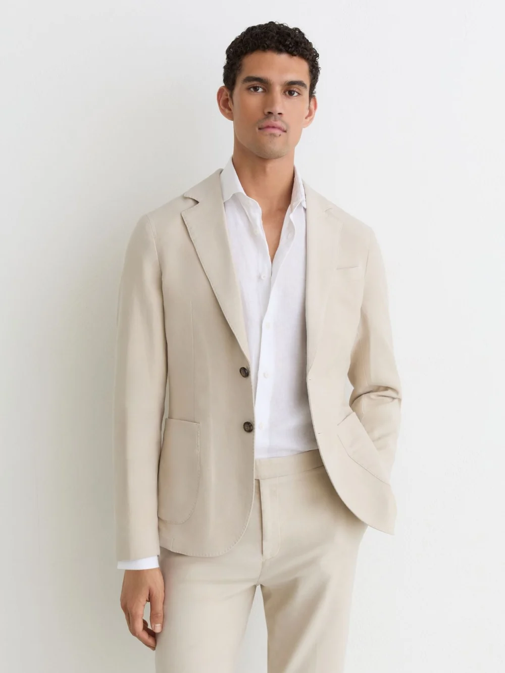 Reiss Jason Stone Garment-dyed Piqué Single-breasted Suit Blazer Tailored-fit, 42 in beige