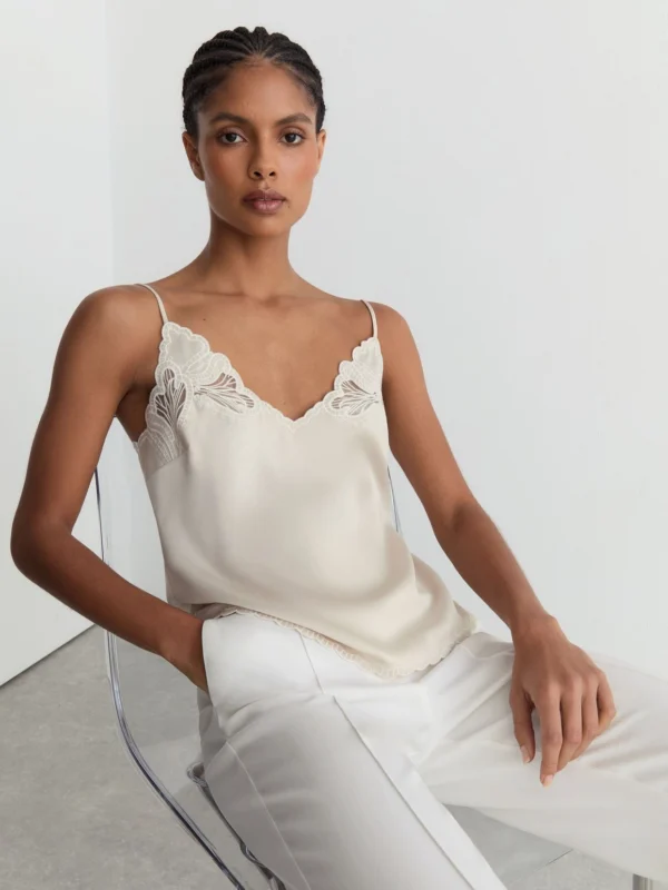 Reiss Joanie Neutral Satin Lace-detail Cami Top, 18