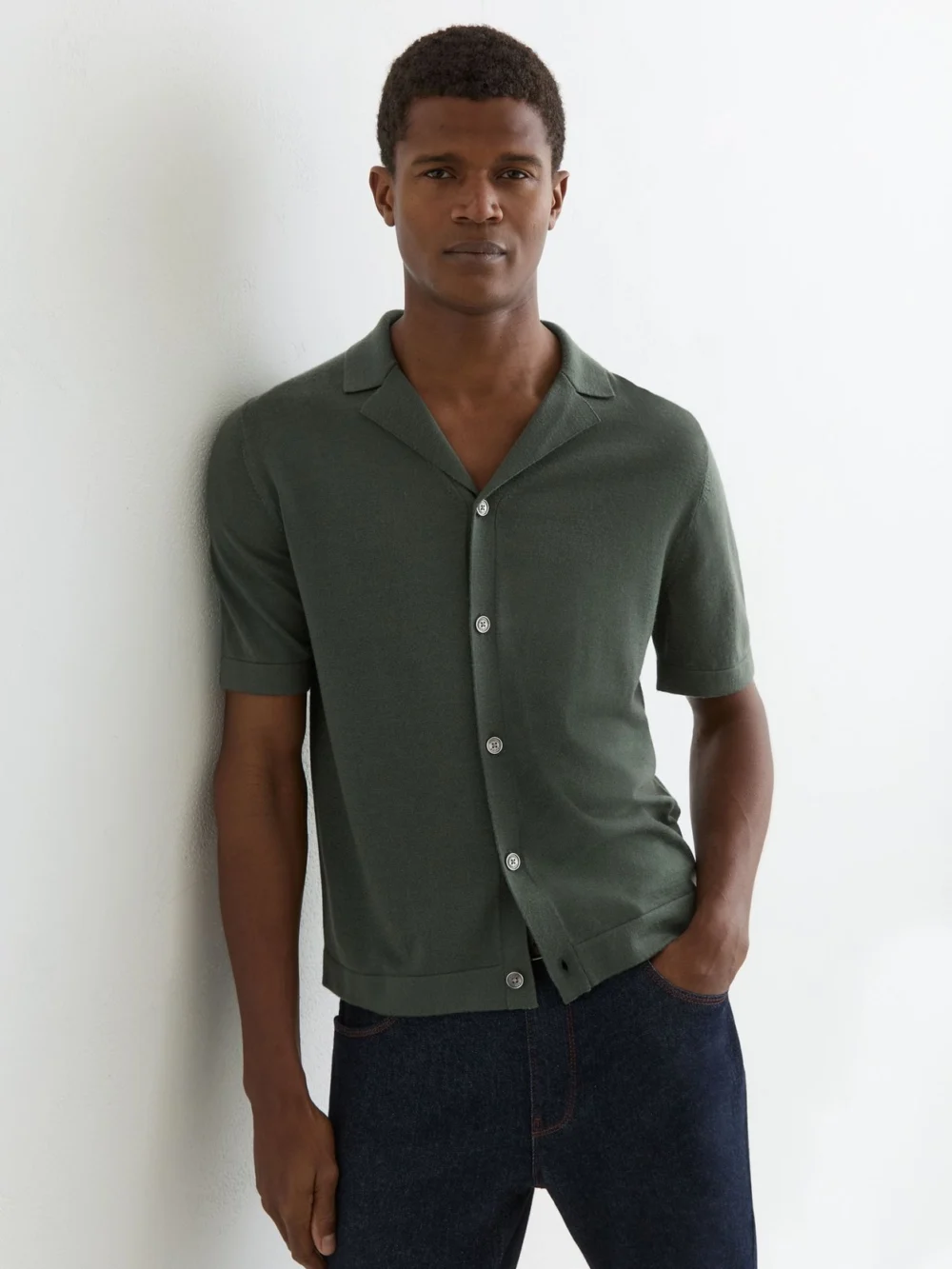 Reiss Kale Green Merino Wool Cuban-collar Shirt
