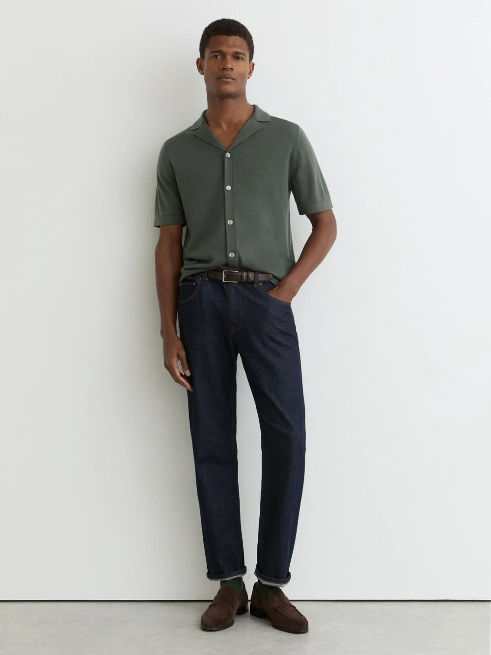 Reiss Kale Green Merino Wool Cuban-collar Shirt, view 4