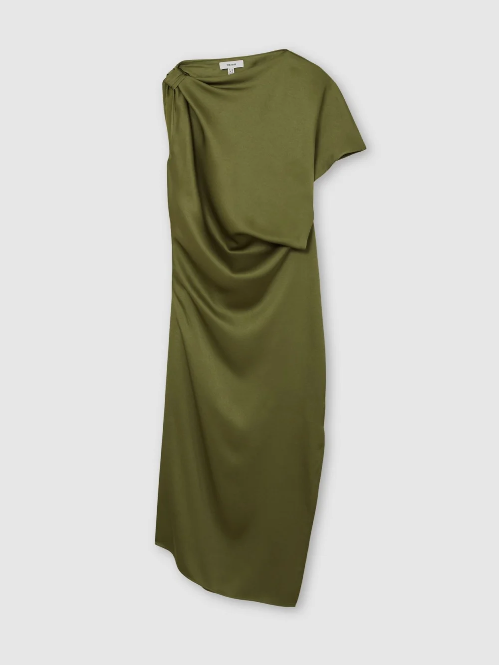 Reiss Kenzie Olive Green Satin Asymmetric Draped Midi Dress, view 2