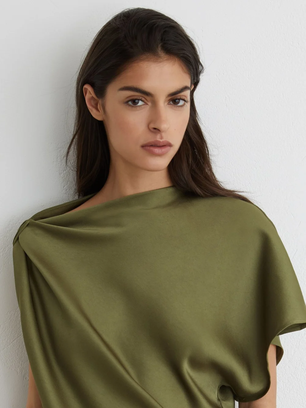 Reiss Kenzie Olive Green Satin Asymmetric Draped Midi Dress, view 3
