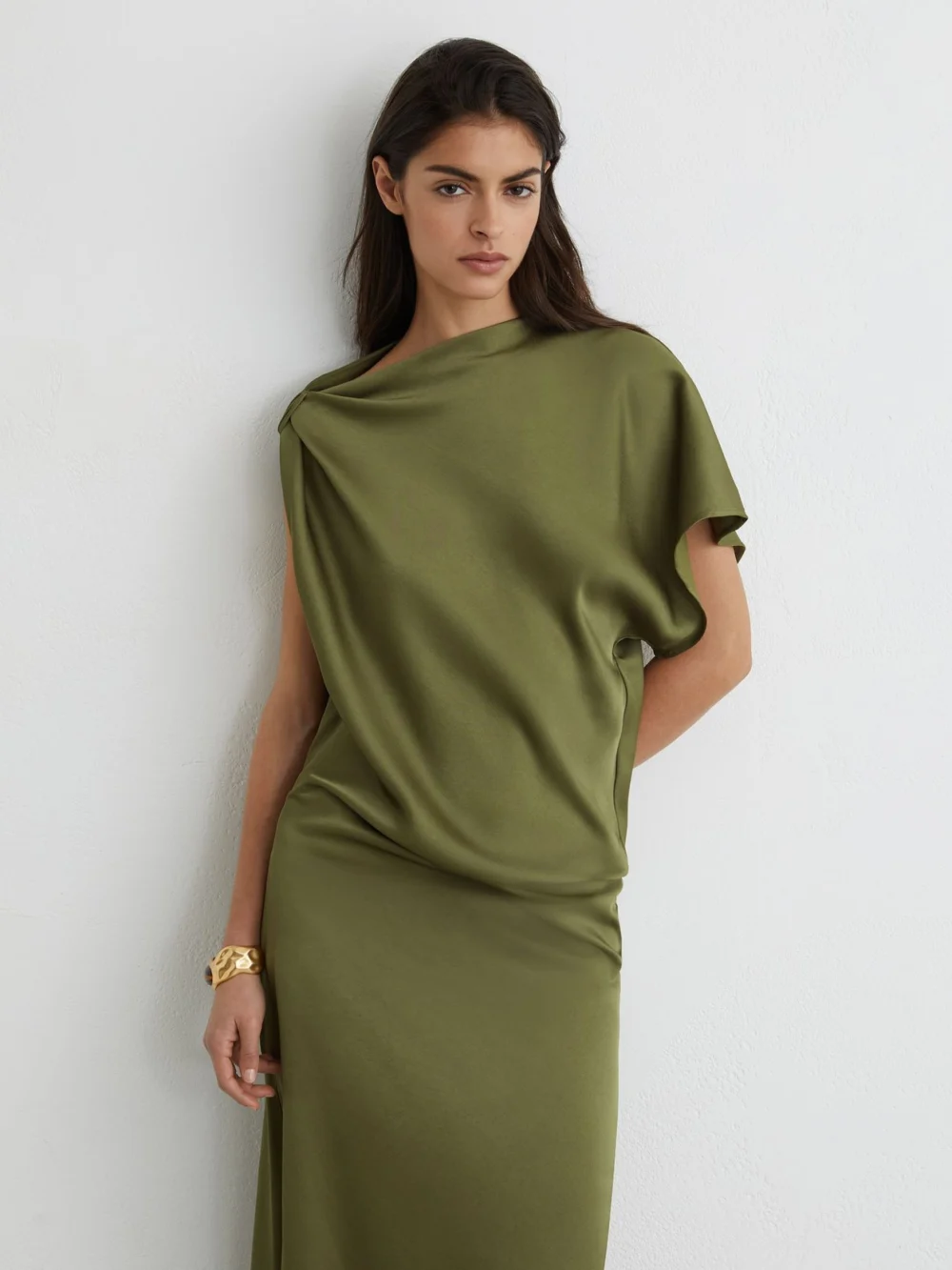 Reiss Kenzie Olive Green Satin Asymmetric Draped Midi Dress, view 4