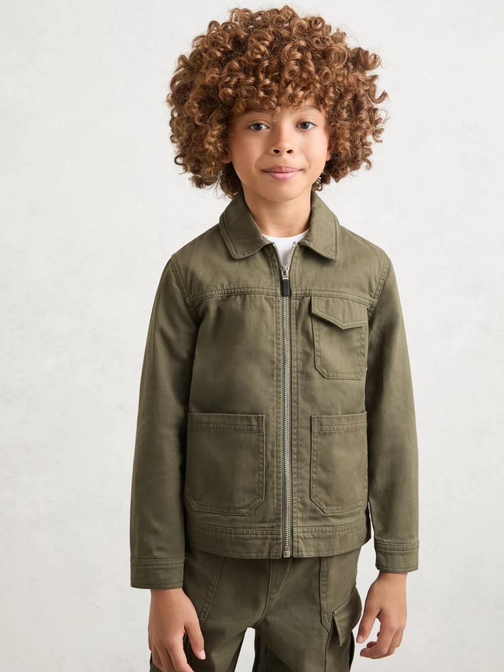 Reiss Khaki 3-9 yrs Cotton Zip-through Utility Jacket, view 3