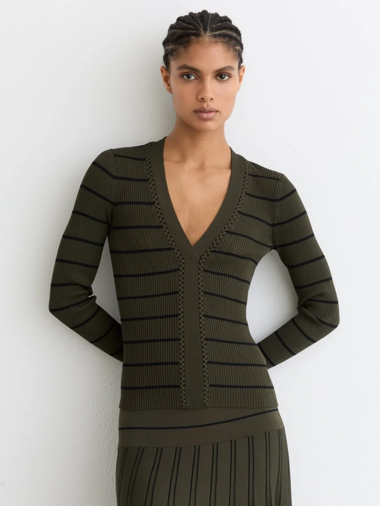 Reiss Khaki Green & Black Stripe Craft-stitch Rib-knit Top