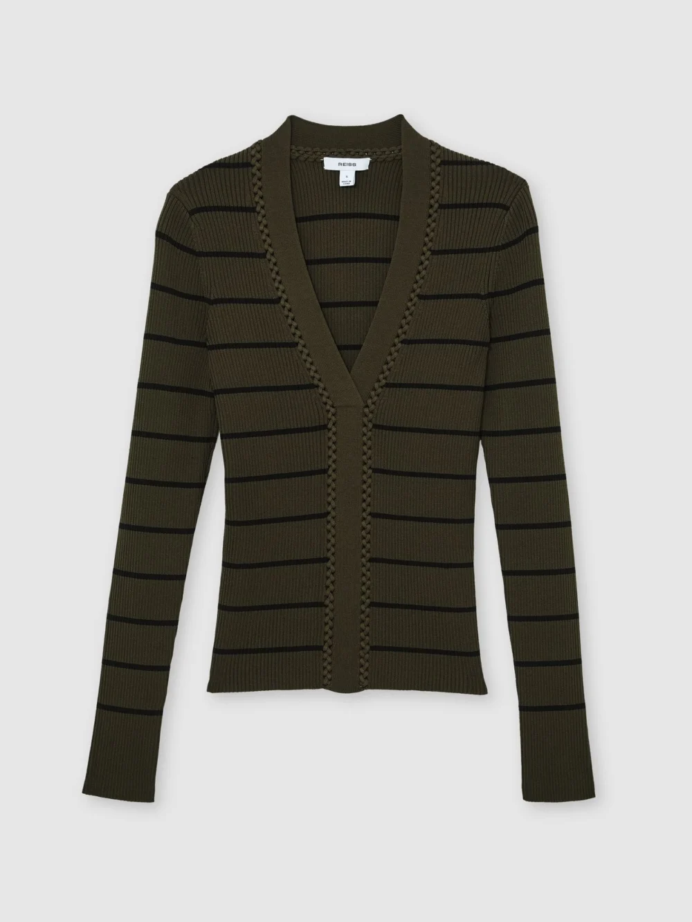 Reiss Khaki Green & Black Stripe Craft-stitch Rib-knit Top, view 2