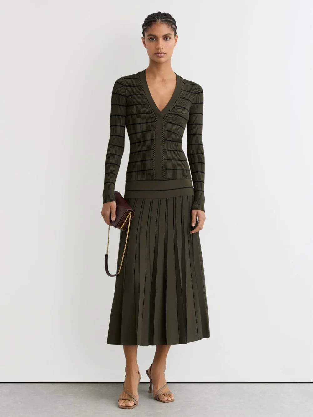 Reiss Khaki Green & Black Stripe Craft-stitch Rib-knit Top, view 3