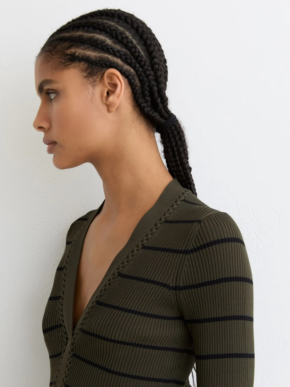 Reiss Khaki Green & Black Stripe Craft-stitch Rib-knit Top, view 4