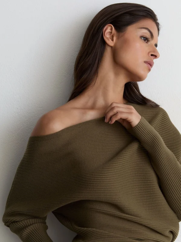 Reiss Khaki Green Asymmetric Draped Knitted Jumper