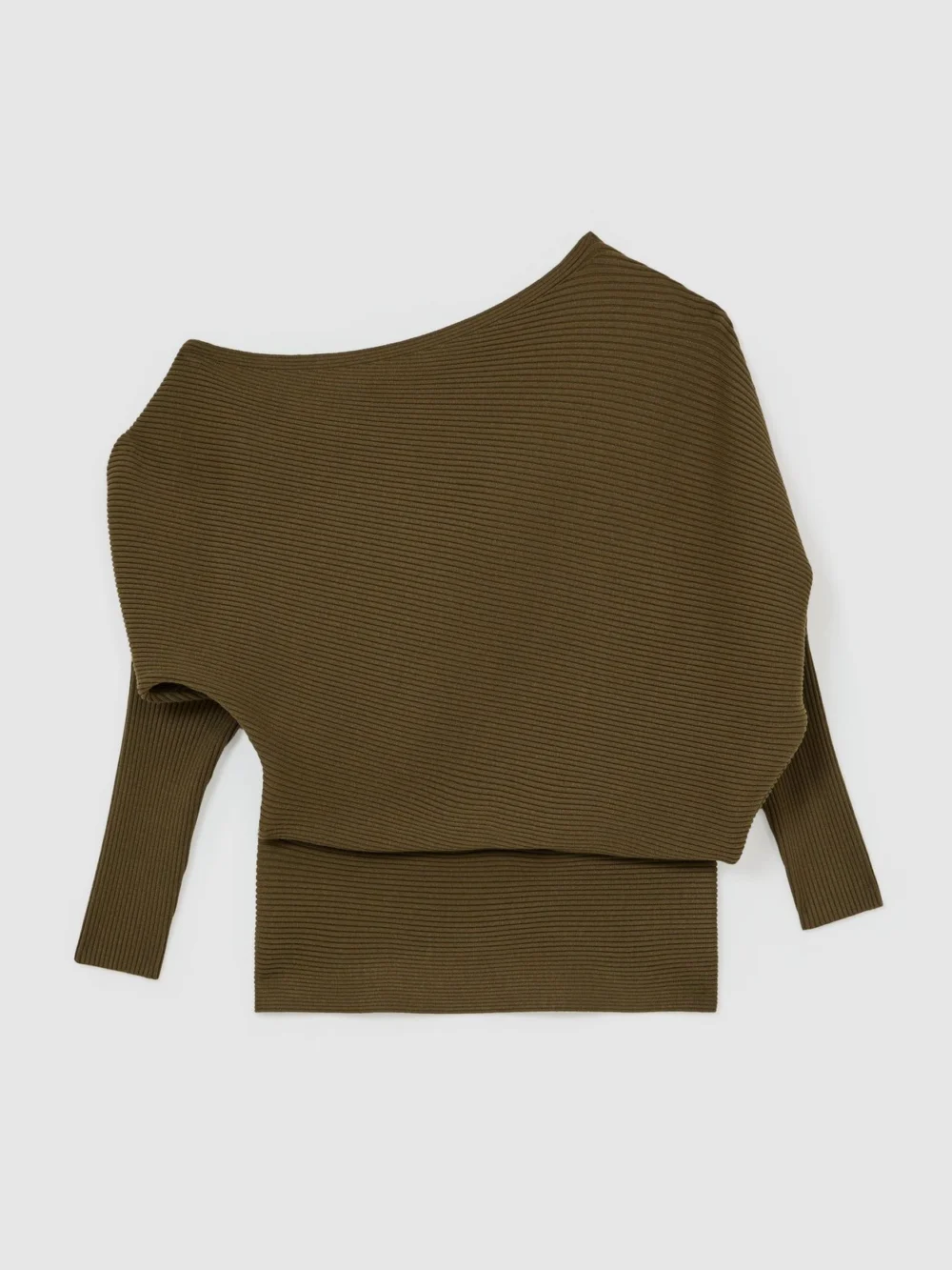 Reiss Khaki Green Asymmetric Draped Knitted Jumper, view 2