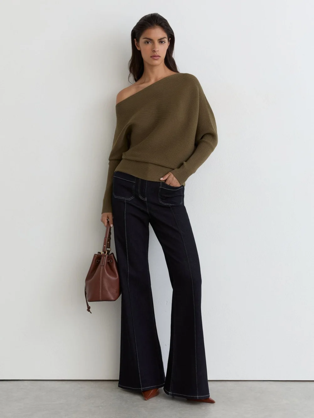 Reiss Khaki Green Asymmetric Draped Knitted Jumper, view 3