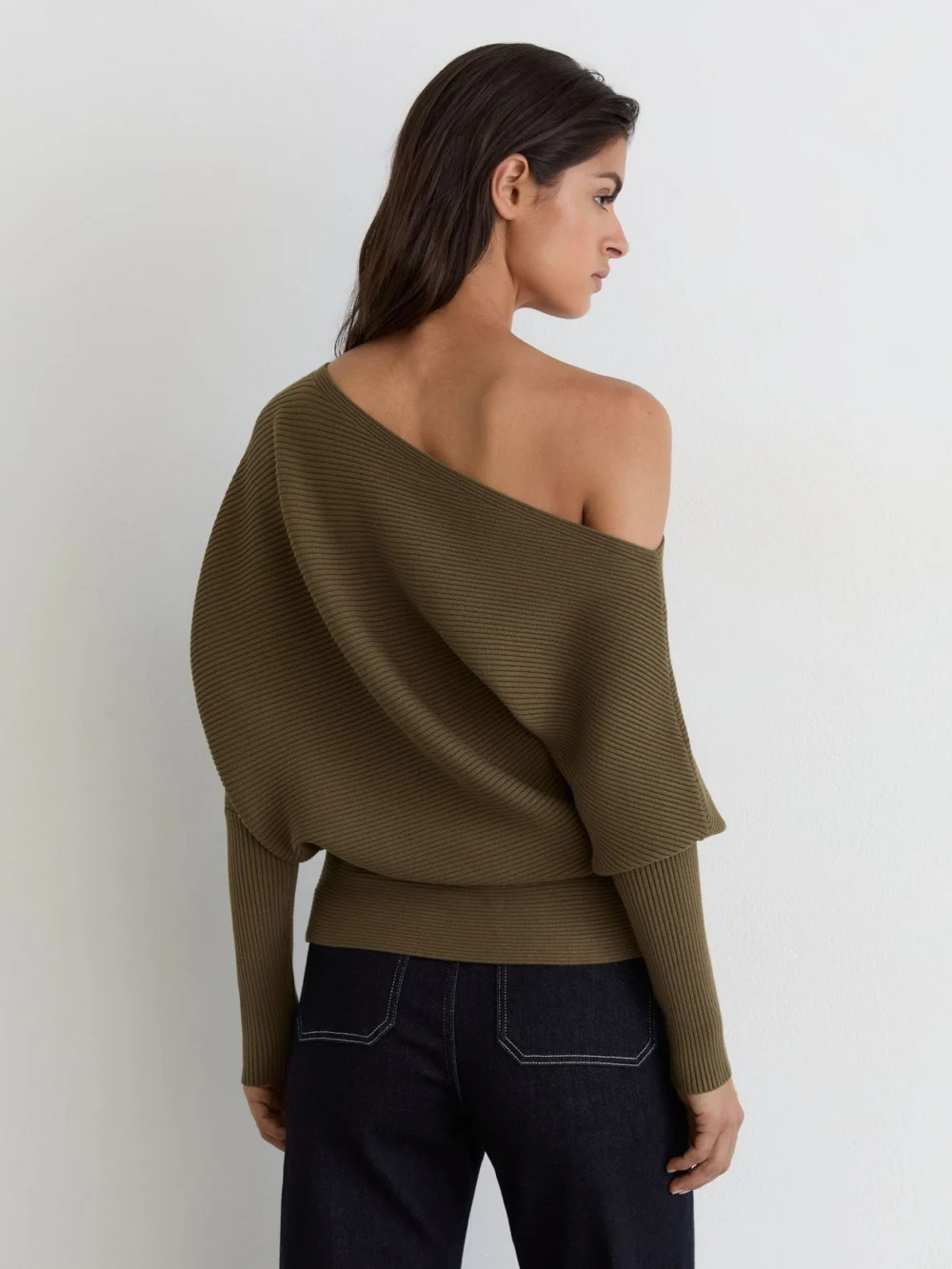 Reiss Khaki Green Asymmetric Draped Knitted Jumper, view 4