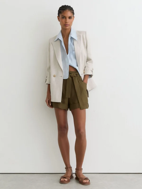 Reiss Khaki Green Belted Button-tab Shorts